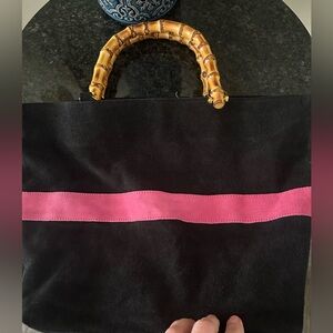 Rita Wilcox 2000s Handmade Black and Pink Tote Bag with Bamboo Handle EUC